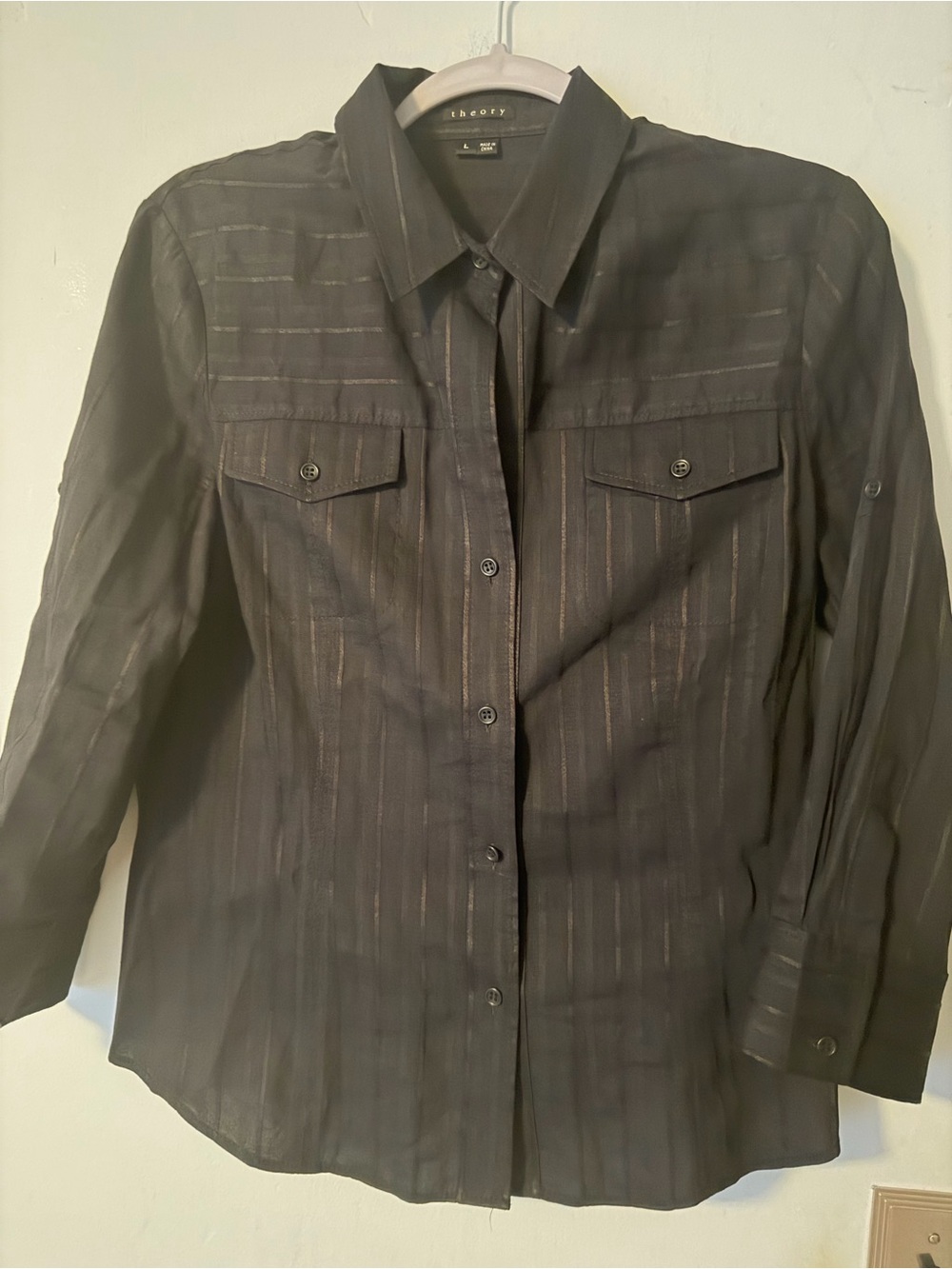 Theory Dervan Black Linen Blend Button-Up Shirt Women’s Large Roll-Tab Sleeves